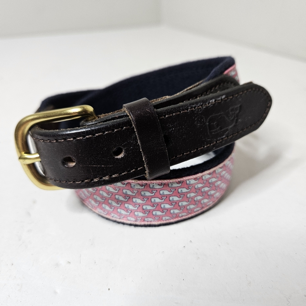 Vineyard Vines Whale Belt Pink Blue Leather Brass Canvas Club Boys 26